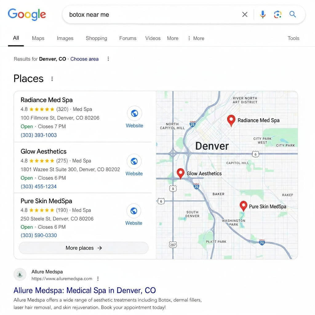 Google search results for med spas near me showing the Maps 3-pack